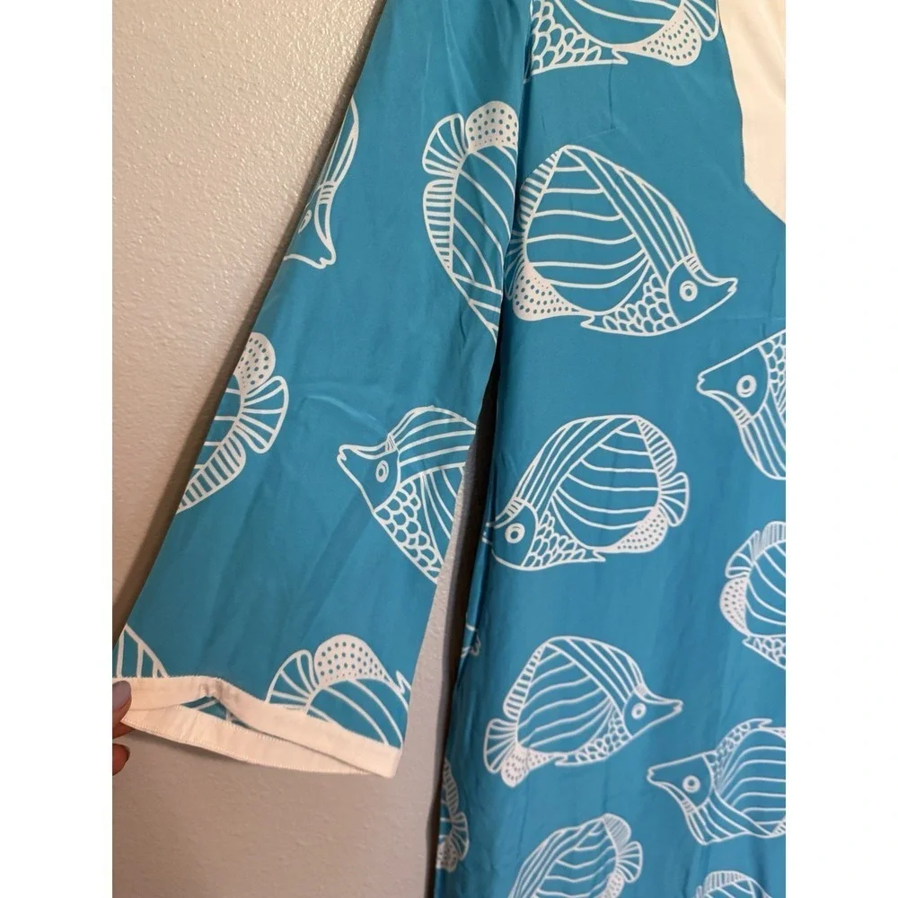Sail To‎ Sable STS Maxi Dress Women's Size XS 100% Silk Blue Fish Tropical